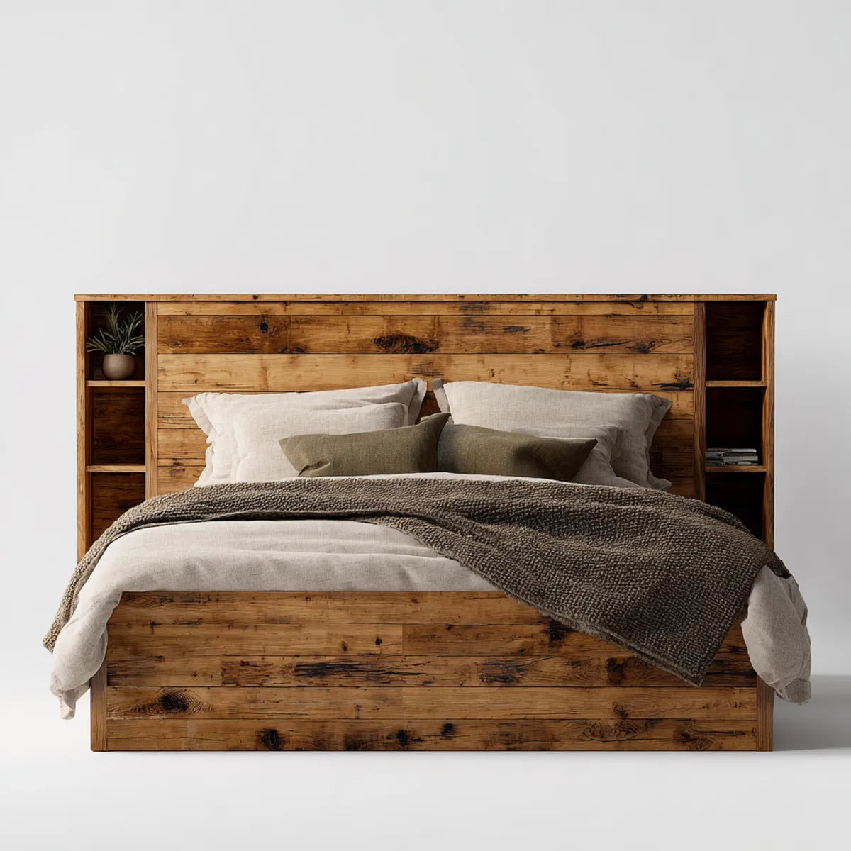 Doppelbett aus recyceltem Kiefernholz Braun 180 x 200 cm mit Kopfteil und Ablagen