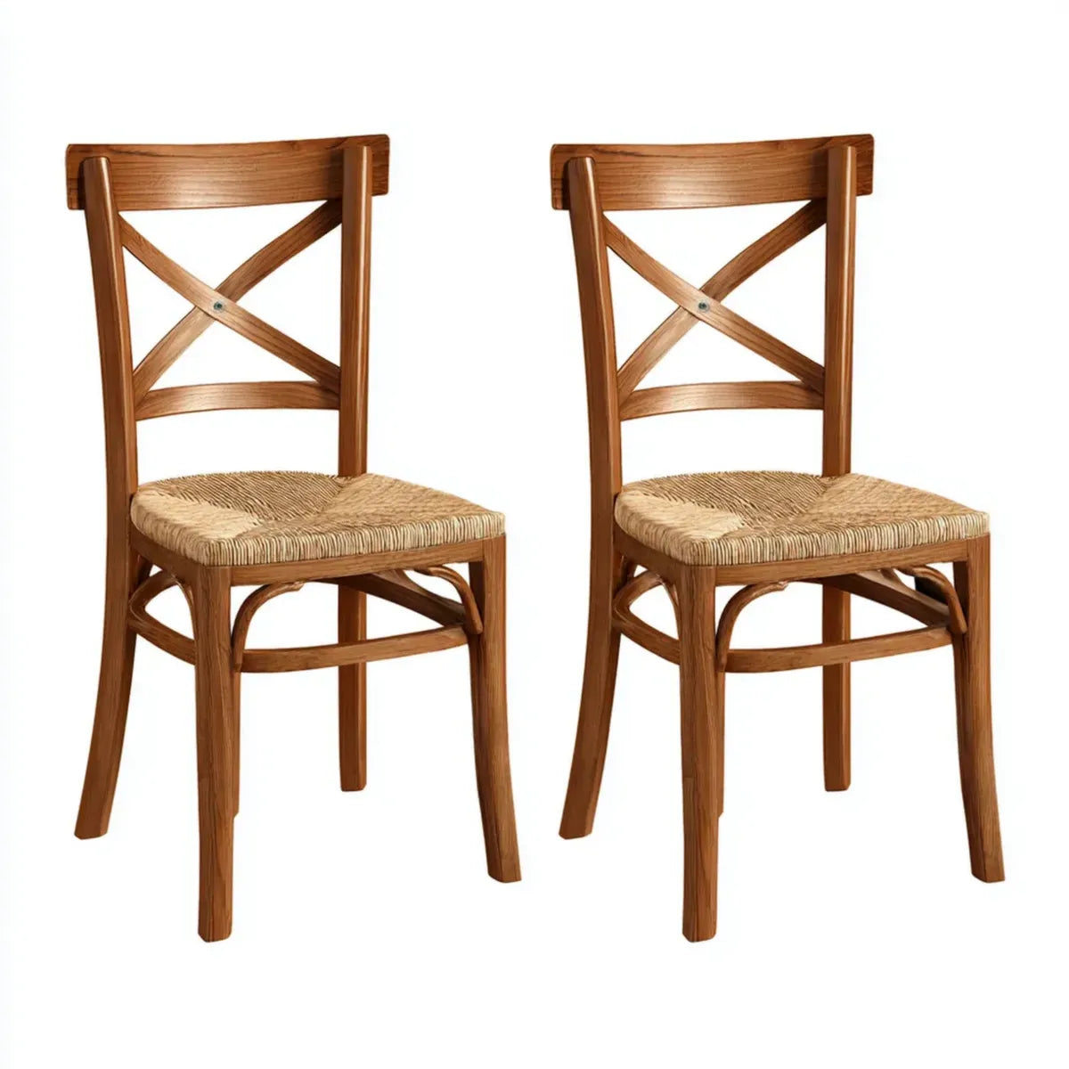 2er Set Terrassen-Essstühle Braun Natur Massivholz Papierkordel X-Rücken 45 x 50 x 88 cm