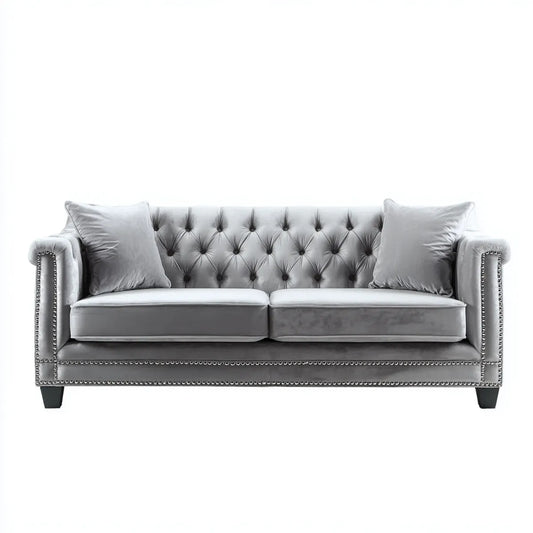 3-Sitzer Chesterfield Sofa Grau 225 x 95 x 76 cm Samtbezug aus Polyester Gerade Form