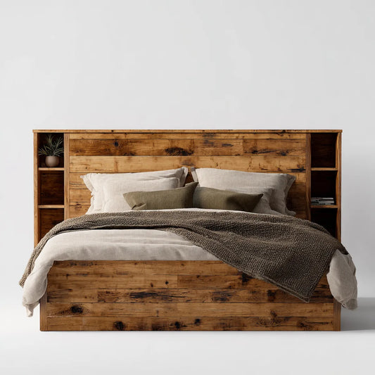 Doppelbett aus recyceltem Kiefernholz Braun 180 x 200 cm mit Kopfteil und Ablagen