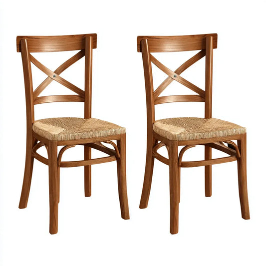 2er Set Terrassen-Essstühle Braun Natur Massivholz Papierkordel X-Rücken 45 x 50 x 88 cm